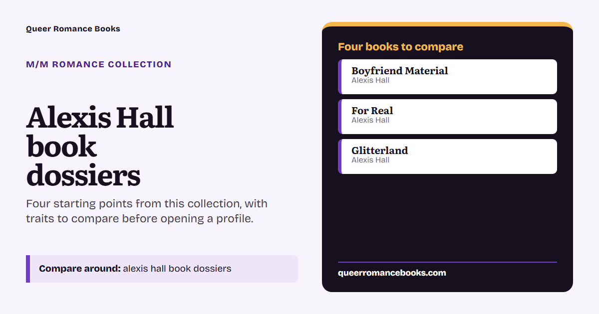Decision guide for Alexis Hall book dossiers: Book to compare: Boyfriend Material; Book to compare: For Real; Book to compare: Glitterland
