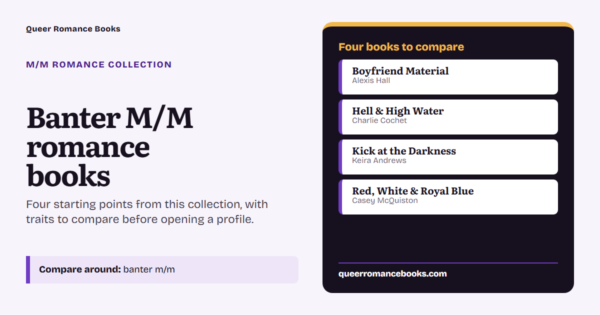 Decision guide for Banter M/M romance books: Book to compare: Boyfriend Material; Book to compare: Hell & High Water; Book to compare: Kick at the Darkness; Book to compare: Red, White & Royal Blue