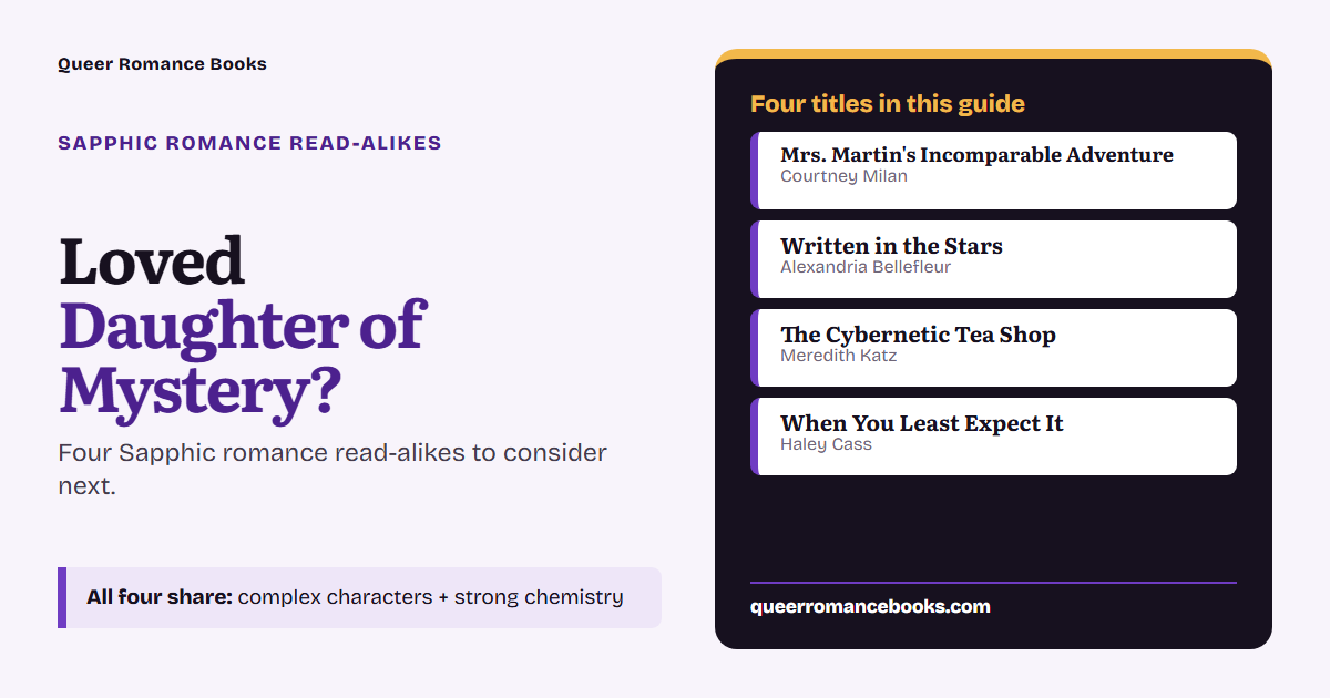 Decision guide for Loved Daughter of Mystery?: Additional overlap: Mrs. Martin's Incomparable Adventure; Additional overlap: Written in the Stars; Additional overlap: The Cybernetic Tea Shop; Additional overlap: When You Least Expect It