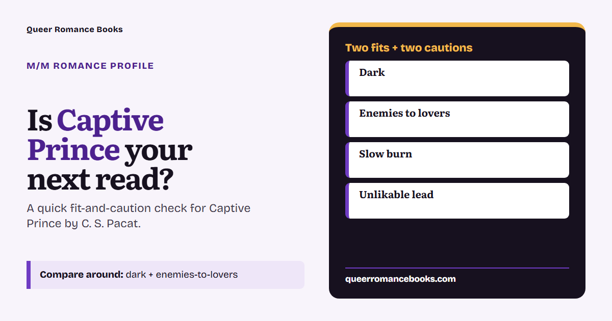 Decision guide for Is Captive Prince your next read?: Best fit: Dark; Best fit: Enemies to lovers; Check first: Slow burn; Check first: Unlikable lead