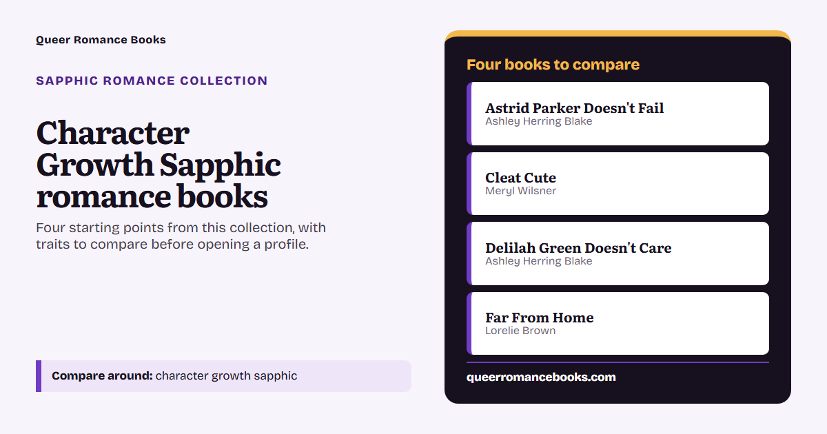 Decision guide for Character Growth Sapphic romance books: Book to compare: Astrid Parker Doesn't Fail; Book to compare: Cleat Cute; Book to compare: Delilah Green Doesn't Care; Book to compare: Far From Home