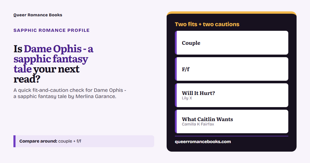 Decision guide for Is Dame Ophis - a sapphic fantasy tale your next read?: Best fit: Couple; Best fit: F/f; Related read: Will It Hurt?; Related read: What Caitlin Wants