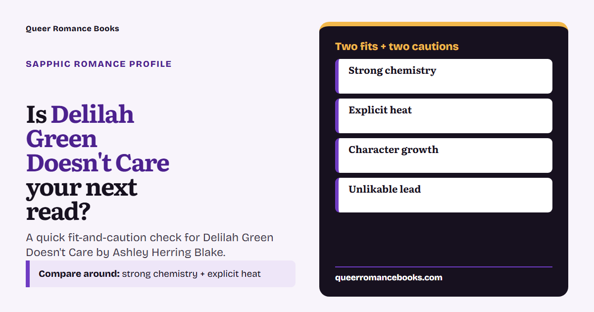 Decision guide for Is Delilah Green Doesn't Care your next read?: Best fit: Strong chemistry; Best fit: Explicit heat; Check first: Character growth; Check first: Unlikable lead