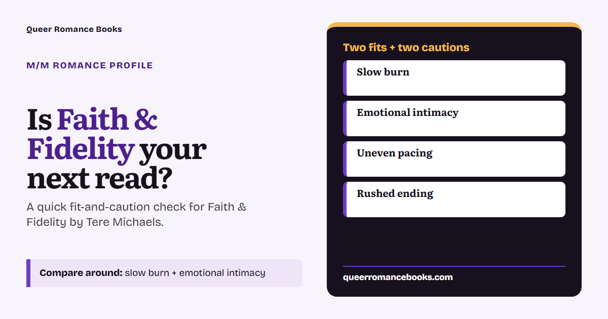 Decision guide for Is Faith & Fidelity your next read?: Best fit: Slow burn; Best fit: Emotional intimacy; Check first: Uneven pacing; Check first: Rushed ending