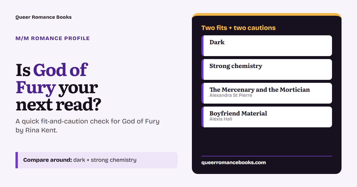 Decision guide for Is God of Fury your next read?: Best fit: Dark; Best fit: Strong chemistry; Related read: The Mercenary and the Mortician; Related read: Boyfriend Material