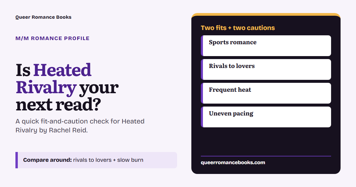Decision guide for Is Heated Rivalry your next read?: Best fit: Sports romance; Best fit: Rivals to lovers; Check first: Frequent heat; Check first: Uneven pacing
