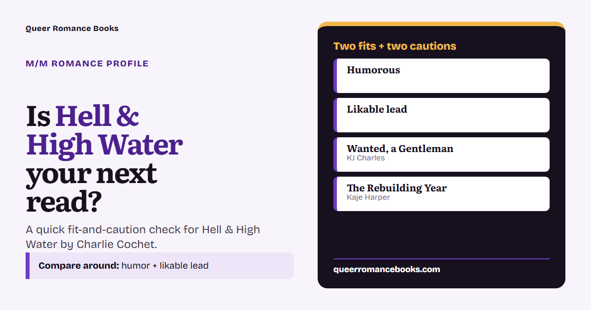 Decision guide for Is Hell & High Water your next read?: Best fit: Humorous; Best fit: Likable lead; Related read: Wanted, a Gentleman; Related read: The Rebuilding Year