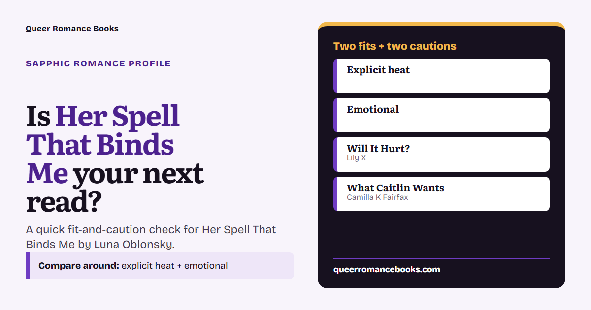 Decision guide for Is Her Spell That Binds Me your next read?: Best fit: Explicit heat; Best fit: Emotional; Related read: Will It Hurt?; Related read: What Caitlin Wants