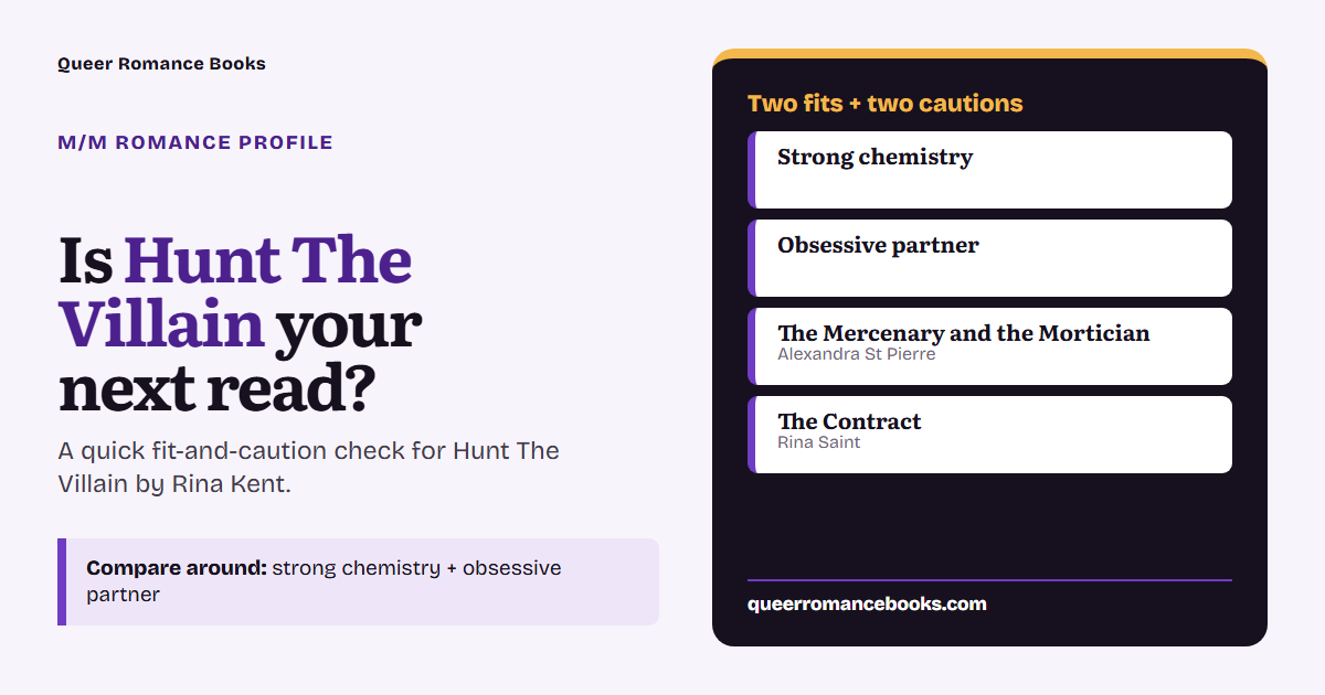 Decision guide for Is Hunt The Villain your next read?: Best fit: Strong chemistry; Best fit: Obsessive partner; Related read: The Mercenary and the Mortician; Related read: The Contract