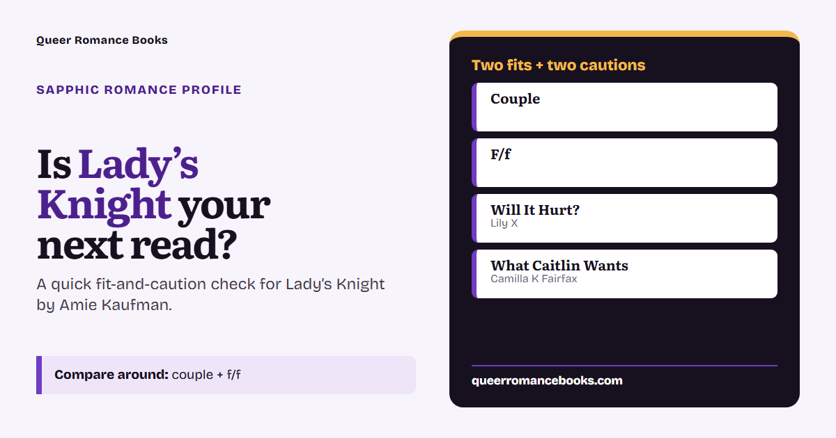 Decision guide for Is Lady’s Knight your next read?: Best fit: Couple; Best fit: F/f; Related read: Will It Hurt?; Related read: What Caitlin Wants