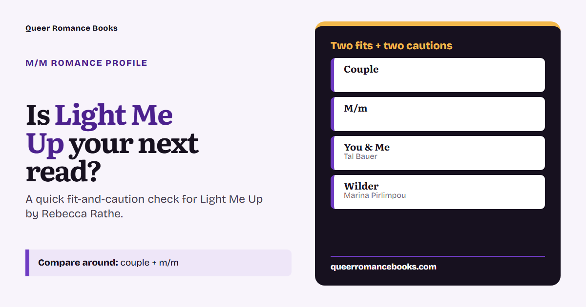 Decision guide for Is Light Me Up your next read?: Best fit: Couple; Best fit: M/m; Related read: You & Me; Related read: Wilder