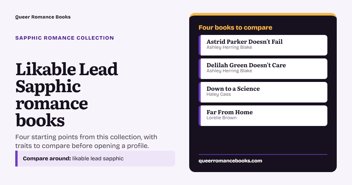 Decision guide for Likable Lead Sapphic romance books: Book to compare: Astrid Parker Doesn't Fail; Book to compare: Delilah Green Doesn't Care; Book to compare: Down to a Science; Book to compare: Far From Home