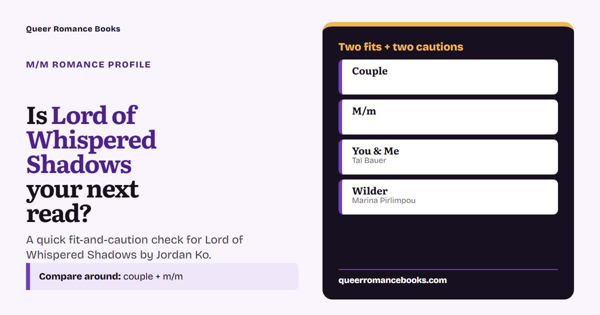 Decision guide for Is Lord of Whispered Shadows your next read?: Best fit: Couple; Best fit: M/m; Related read: You & Me; Related read: Wilder
