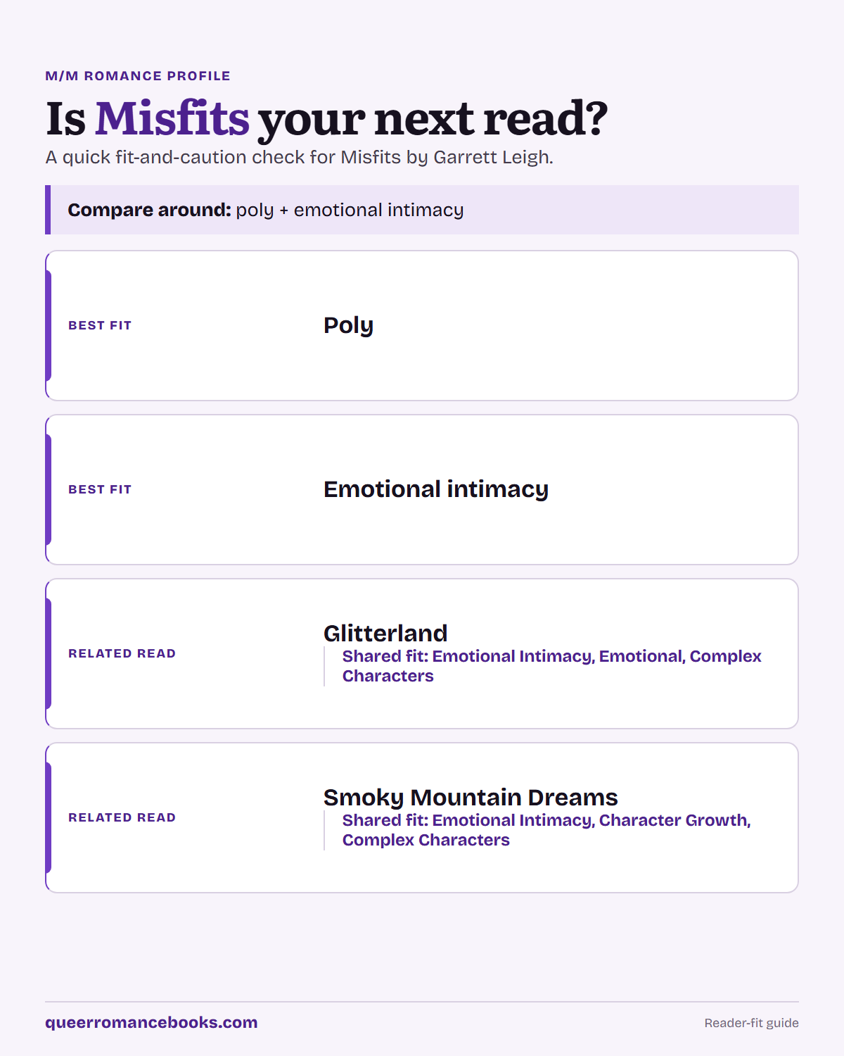 Decision guide for Is Misfits your next read?: Best fit: Poly; Best fit: Emotional intimacy; Related read: Glitterland; Related read: Smoky Mountain Dreams