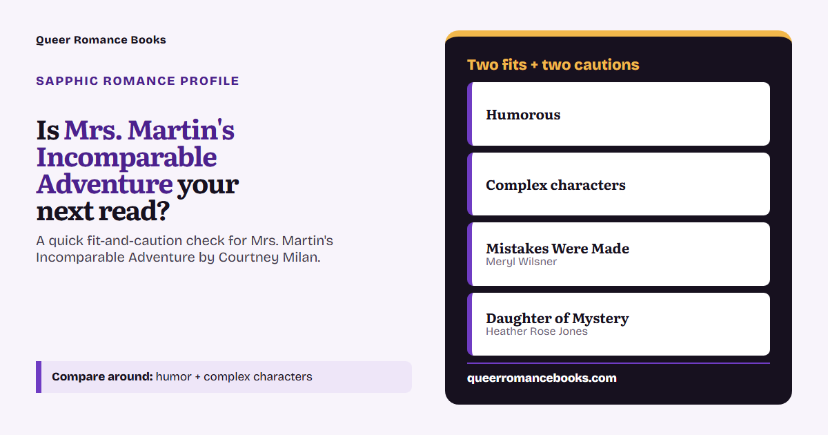 Decision guide for Is Mrs. Martin's Incomparable Adventure your next read?: Best fit: Humorous; Best fit: Complex characters; Related read: Mistakes Were Made; Related read: Daughter of Mystery