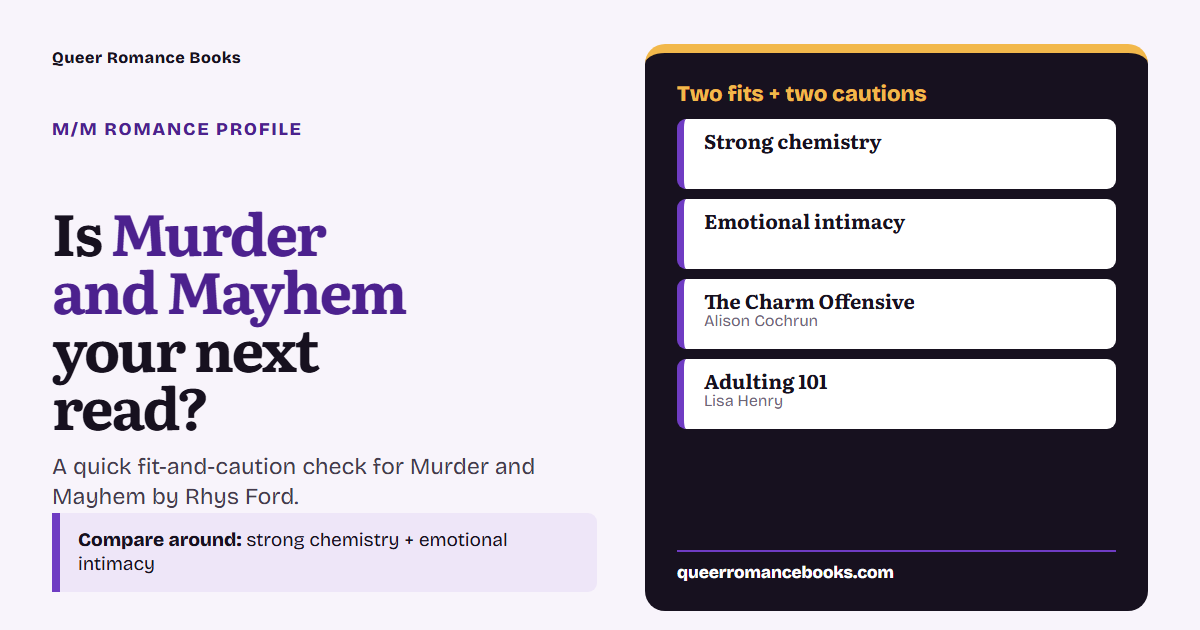 Decision guide for Is Murder and Mayhem your next read?: Best fit: Strong chemistry; Best fit: Emotional intimacy; Related read: The Charm Offensive; Related read: Adulting 101