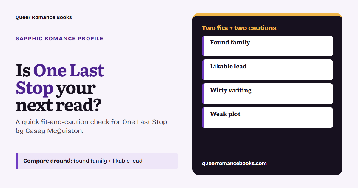 Decision guide for Is One Last Stop your next read?: Best fit: Found family; Best fit: Likable lead; Check first: Witty writing; Check first: Weak plot