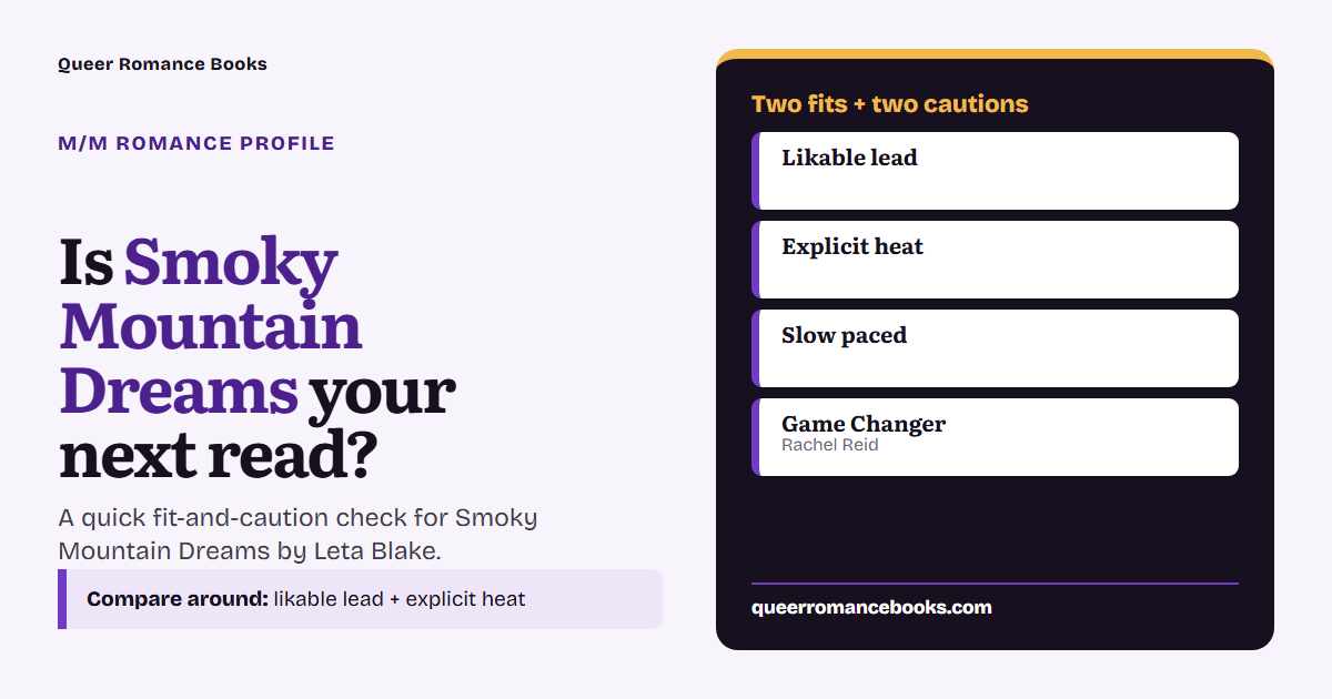 Decision guide for Is Smoky Mountain Dreams your next read?: Best fit: Likable lead; Best fit: Explicit heat; Check first: Slow paced; Related read: Game Changer