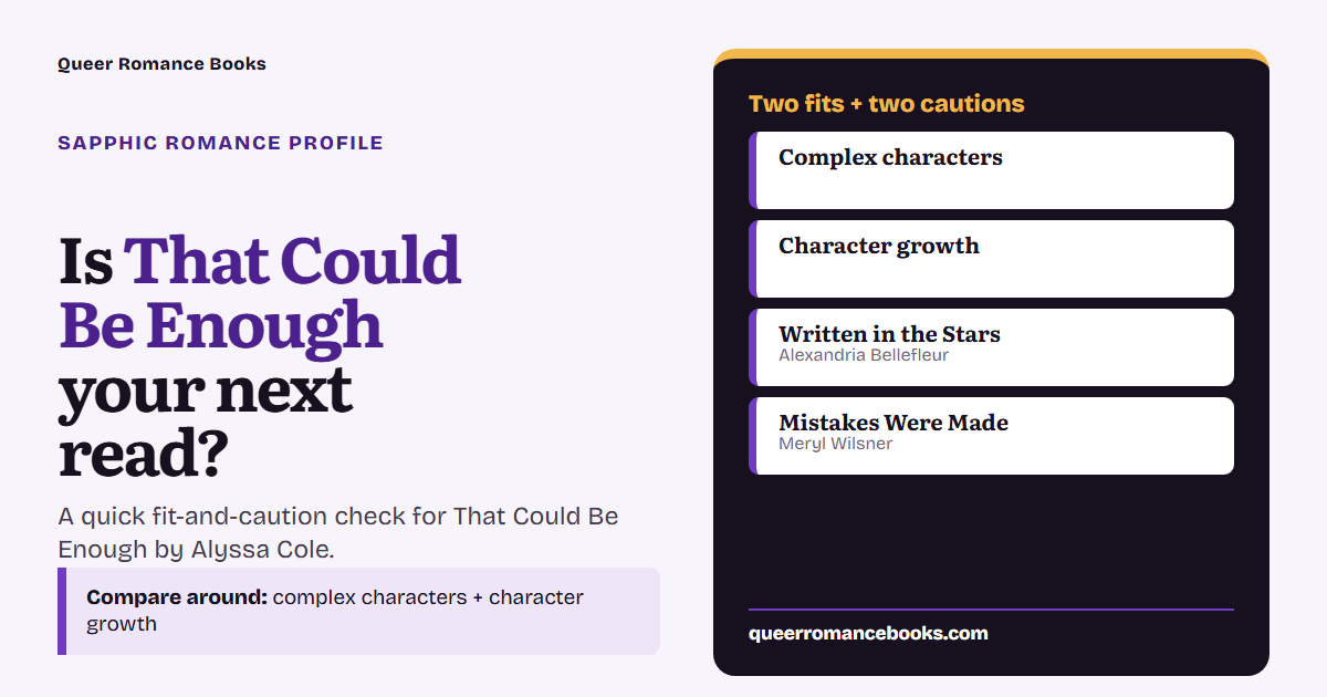 Decision guide for Is That Could Be Enough your next read?: Best fit: Complex characters; Best fit: Character growth; Related read: Written in the Stars; Related read: Mistakes Were Made