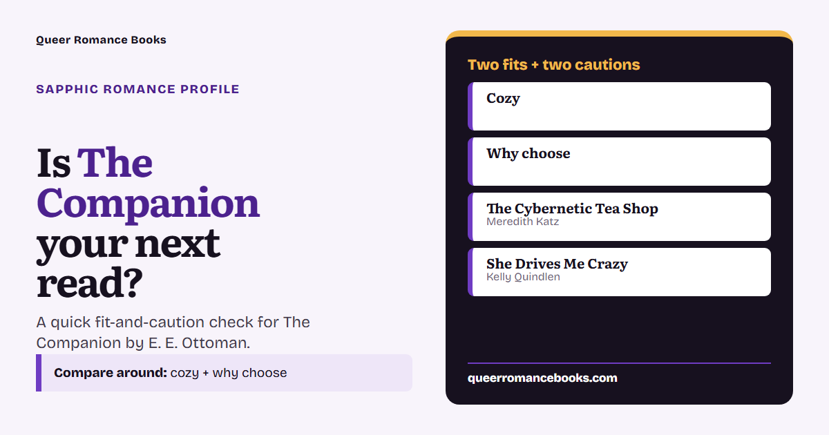 Decision guide for Is The Companion your next read?: Best fit: Cozy; Best fit: Why choose; Related read: The Cybernetic Tea Shop; Related read: She Drives Me Crazy
