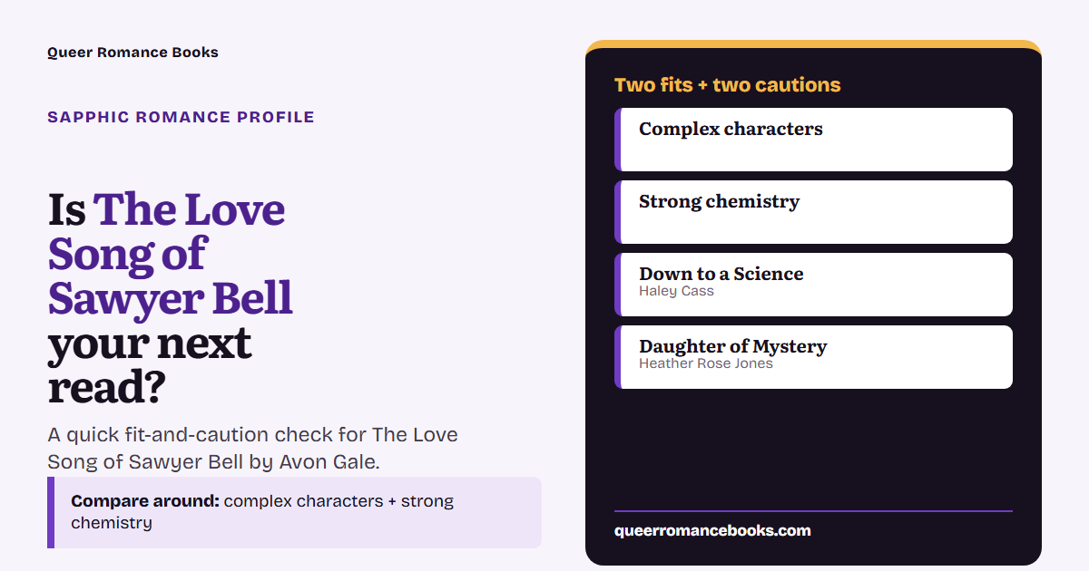 Decision guide for Is The Love Song of Sawyer Bell your next read?: Best fit: Complex characters; Best fit: Strong chemistry; Related read: Down to a Science; Related read: Daughter of Mystery