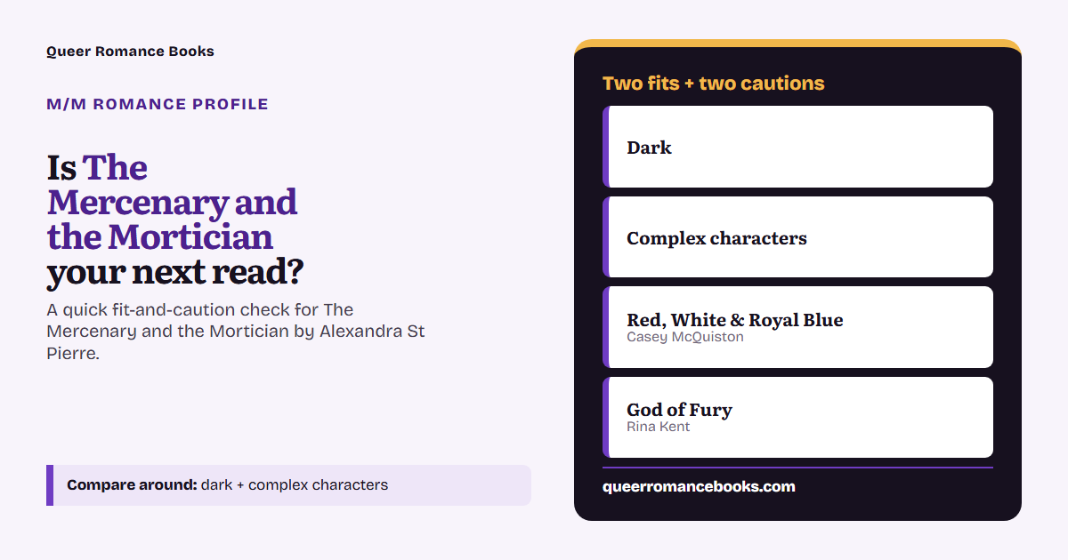 Decision guide for Is The Mercenary and the Mortician your next read?: Best fit: Dark; Best fit: Complex characters; Related read: Red, White & Royal Blue; Related read: God of Fury