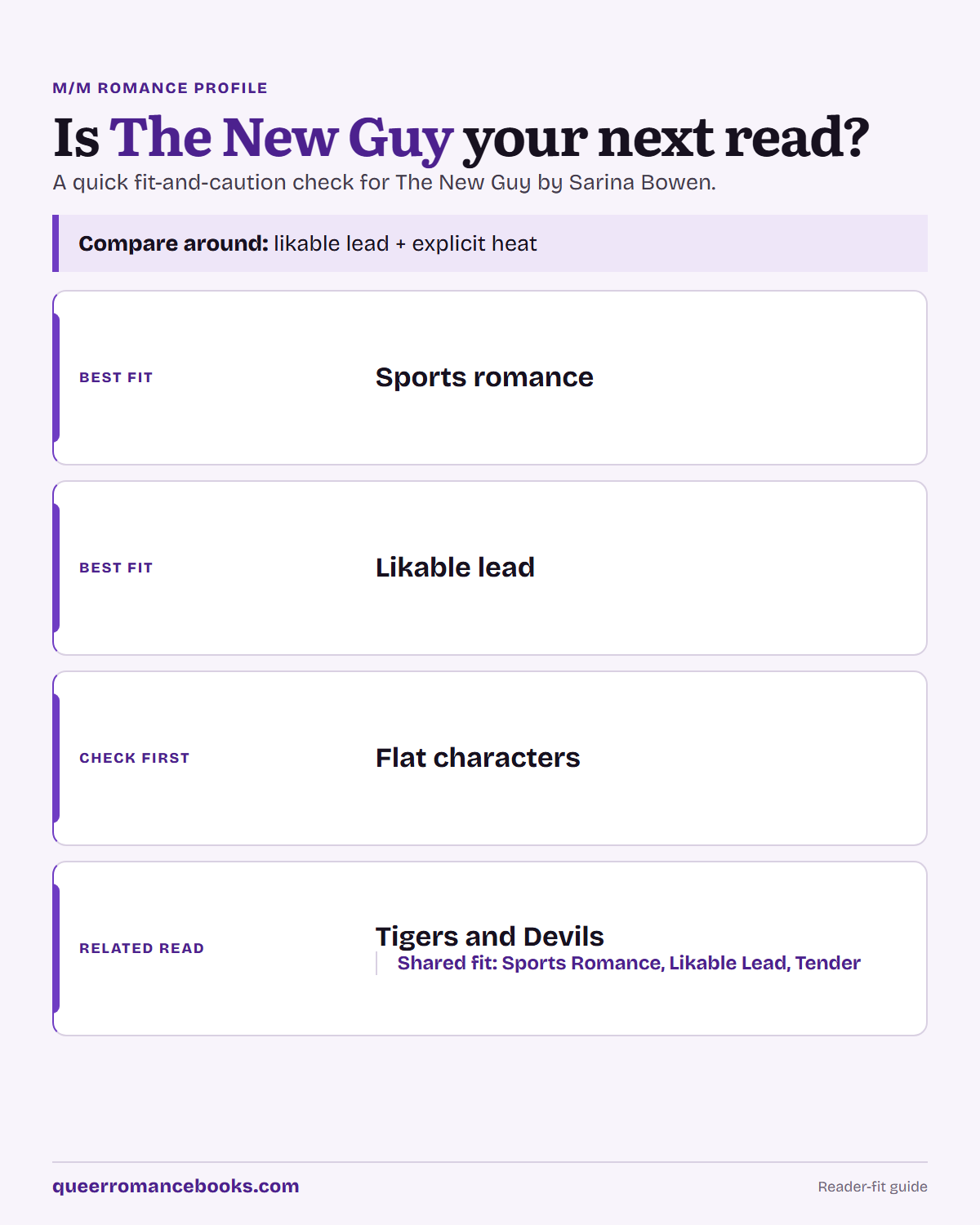 Decision guide for Is The New Guy your next read?: Best fit: Sports romance; Best fit: Likable lead; Check first: Flat characters; Related read: Tigers and Devils