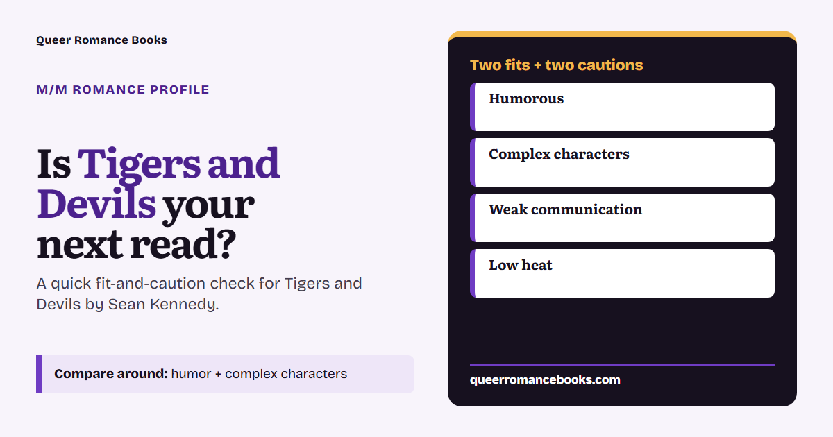 Decision guide for Is Tigers and Devils your next read?: Best fit: Humorous; Best fit: Complex characters; Check first: Weak communication; Check first: Low heat