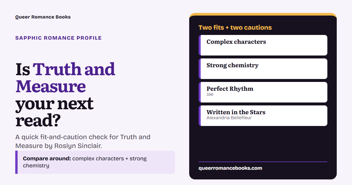 Decision guide for Is Truth and Measure your next read?: Best fit: Complex characters; Best fit: Strong chemistry; Related read: Perfect Rhythm; Related read: Written in the Stars