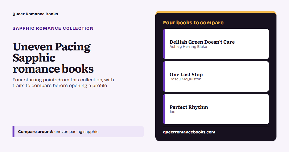 Decision guide for Uneven Pacing Sapphic romance books: Book to compare: Delilah Green Doesn't Care; Book to compare: One Last Stop; Book to compare: Perfect Rhythm