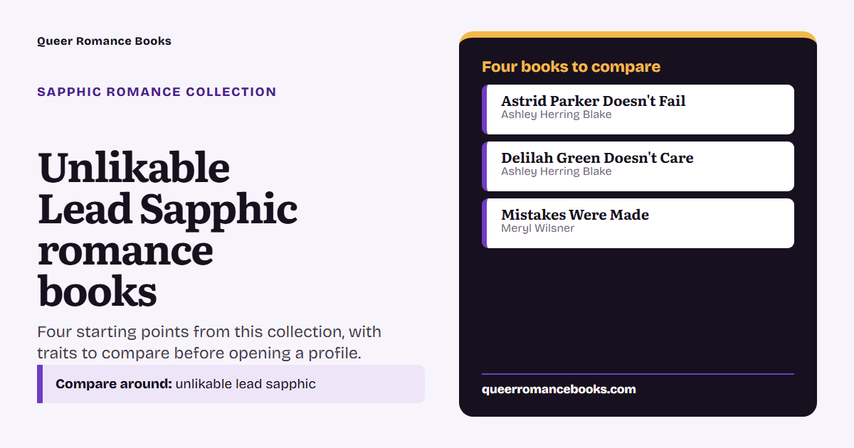 Decision guide for Unlikable Lead Sapphic romance books: Book to compare: Astrid Parker Doesn't Fail; Book to compare: Delilah Green Doesn't Care; Book to compare: Mistakes Were Made