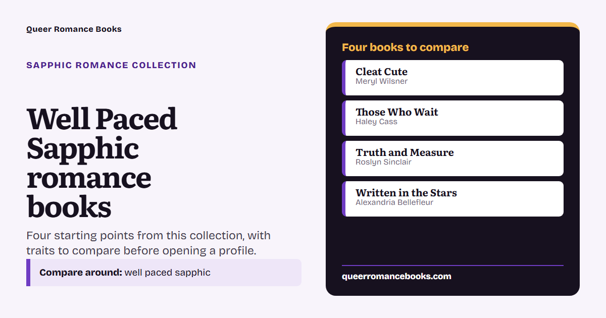Decision guide for Well Paced Sapphic romance books: Book to compare: Cleat Cute; Book to compare: Those Who Wait; Book to compare: Truth and Measure; Book to compare: Written in the Stars